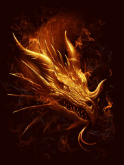 Fire dragon head with the flame on the dark background digital painting. 