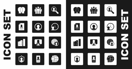 Set Magnifying glass for search, Create account screen, Resume, Project team base, Time Management, Users group, Globe and people and Productive human icon. Vector