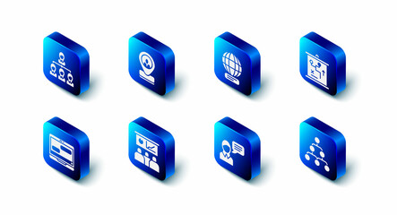 Set Worker location, Worldwide, Planning strategy concept, Hierarchy organogram chart, Speech bubble chat, Training, presentation, Chat messages laptop and icon. Vector