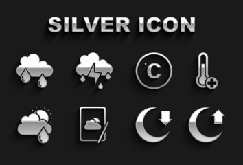 Set Weather forecast, Meteorology thermometer, Moon, Cloud with rain and sun, Celsius, and lightning icon. Vector