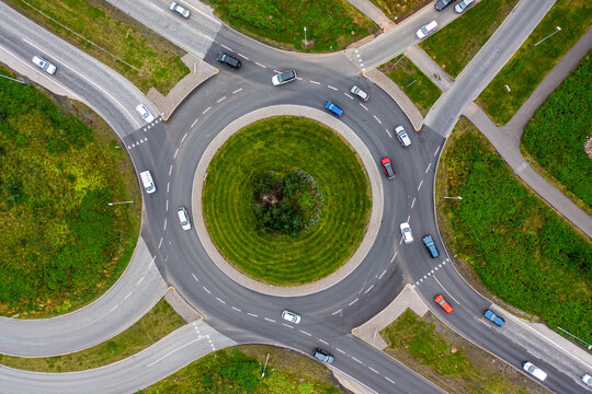 Roundabout On Green Landscape Seen From Above.