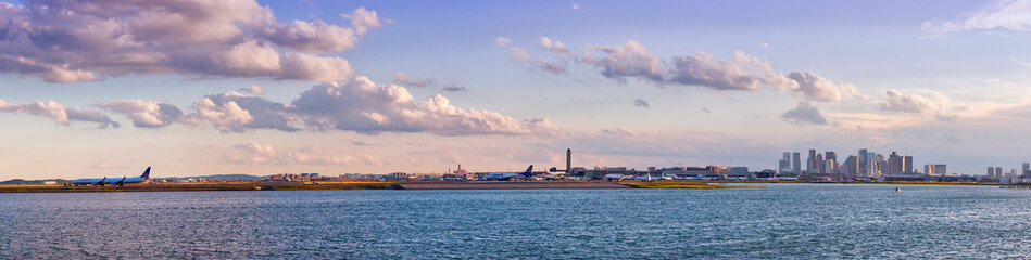 View of  harbor and Logan international airport  in Boston, USA - obrazy, fototapety, plakaty