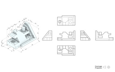 Technical drawing of a 3D model with a perspective and orthogonal views. First angle projection method. Part of a series.
