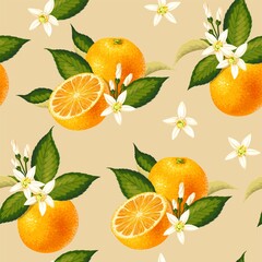 Vector seamless pattern with orange fruit and leaf - 460854069