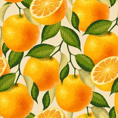 Vector seamless pattern with orange fruit and leaf