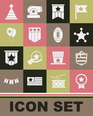 Set Medal with star, Shield stars, Hexagram sheriff, American flag, Balloons, Party hat and Football ball icon. Vector