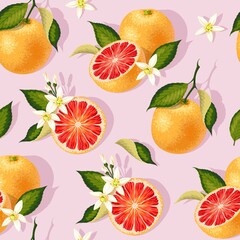 Vector seamless pattern with grapefruit and leaf - 460854231