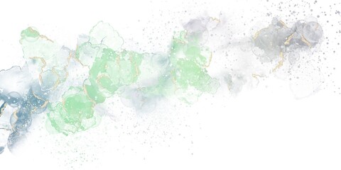 アルコールインクアートのミニマル抽象背景）緑にゴールド　流動体　ロマンティック　バナー　繊細　煙　春