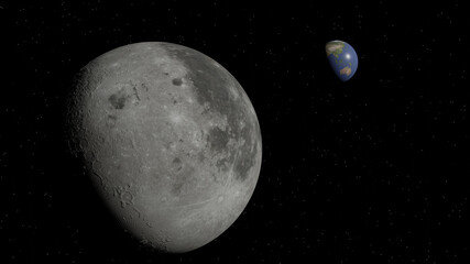 Moon and its crater with blue earth and star field in background(3D Rendering)