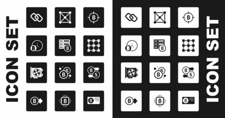 Set Bitcoin in the target, Server bitcoin, with clock, Chain link, Blockchain technology, Cryptocurrency exchange and Video graphic card icon. Vector