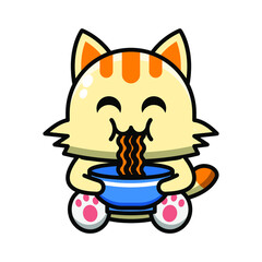 cute cat eating noodle icon illustration vector graphic