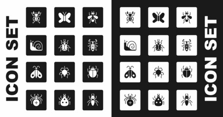 Set Insect fly, Beetle bug, Snail, deer, Butterfly, Mite and icon. Vector