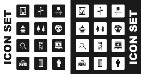 Set Picture and rope barrier, Stone age arrow head, Ancient amphorae, Old hourglass with sand, Broken human skull, Road traffic signpost, Online museum and Magnifying icon. Vector