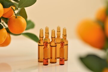 Vitamin C. Mesotherapy serum with vitamin C.Glass ampoules and tangerine fruit bushes on beige...