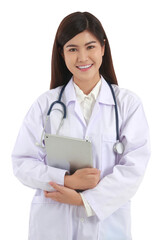 Asian female doctor with beautiful smile standing holding a laptop computer on a white background. concept of medical services in hospitals. Clipping Path