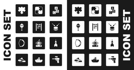 Set ABC blocks, Abacus, Rattle baby toy, Puzzle pieces, Drum with drum sticks, Dart arrow and Bow icon. Vector