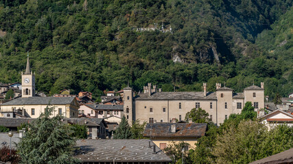 Fototapeta na wymiar Panoramic view of the historic center of Issogne, Valle d'Aosta, Italy, where the castle is located