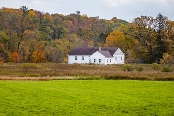 Fototapeta na wymiar Old building in the distance during autumn in Graytown, Dunn County Wisconsin 