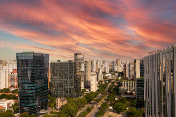 Aerial view of Avenida Brigadeiro Faria Lima, Itaim Bibi. Iconic buildings in the background