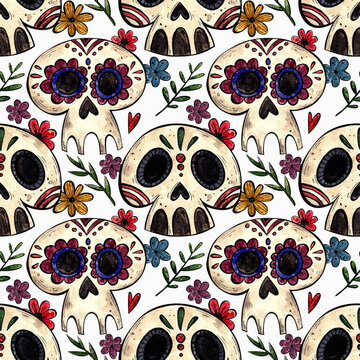 watercolor pattern day of the dead in mexico. for printing on fabrics, paper, souvenirs. doodle hand drawing skull. halloween