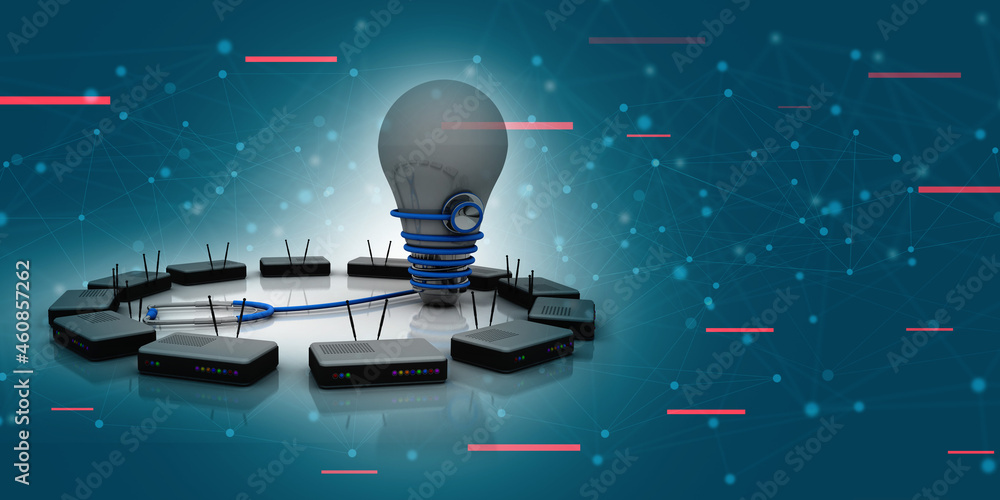Poster 3d rendering stethoscope connected modem with bulb