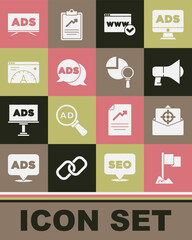 Set Location marker, Mail and e-mail, Megaphone, Website template, Advertising, statistic, and Magnifying glass analysis icon. Vector