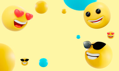 3d render of smiling and happy emoticons. Background for social media and communications