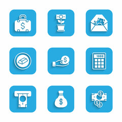 Set Hand giving money, Money bag, Stacks paper cash, Calculator, ATM, Gold bars, Envelope with dollar symbol and Briefcase icon. Vector