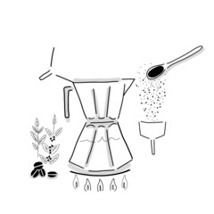 Cafe collection vector drawing. Hand drawn illustration with simple lines. How to brew coffee - espresso - infographics. 
