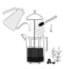 Cafe collection vector drawing. Hand drawn illustration with simple lines. How to brew coffee - french press- infographics. 