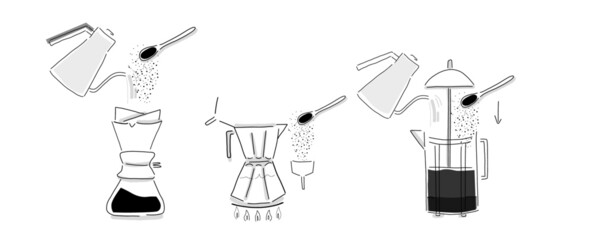 Cafe collection vector drawing set. Hand drawn illustration with simple lines. How to brew coffee - 3 different ways - infographics. 