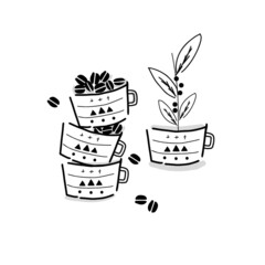 Coffee and growing plants set vector drawing on white background. Simple line hand drawn illustration