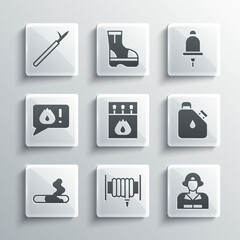 Set Fire hose reel, Firefighter, Canister fuel, Matchbox and matches, Cigarette, Telephone call 911, Metal pike pole and Ringing alarm bell icon. Vector