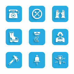 Set Smoke alarm system, Ringing bell, Electricity spark, Firefighter, axe, boots, gloves and Telephone call 911 icon. Vector