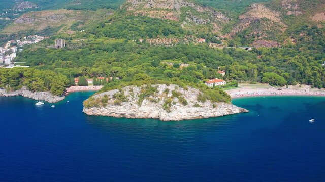Adriatic Sea Coast. Landscape of Milocer, Montenegro. Aerial drone view 4K.