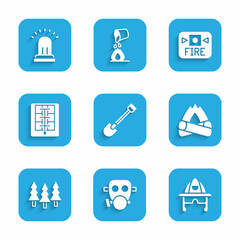 Set Fire shovel, Gas mask, Firefighter helmet, Campfire, Forest, Evacuation plan, alarm system and Ringing bell icon. Vector