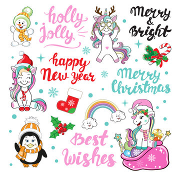 Christmas calligraphy lettering with christmas decoration. Merry Christmas, Best Wishes, Holly jolly, Happy New Year with snowman and christmas unicorn