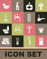 Set Trash can, Drying clothes, Water tap, Perfume, Toilet brush, Rubber duck and Hairbrush icon. Vector
