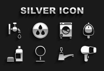 Set Round makeup mirror, Toilet urinal pissoir, Hair dryer, Water tap, Bottle of shampoo, Washer, and drop icon. Vector