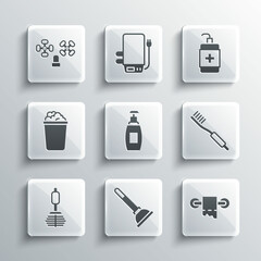 Set Rubber plunger, Toilet paper roll, Toothbrush, Bottle of liquid soap, Bucket with suds, Water tap and Hand sanitizer bottle icon. Vector