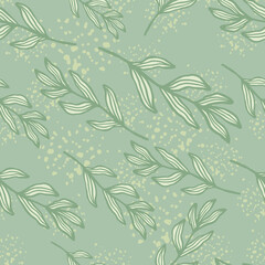 Forest branch with leaves seamless pattern on green splash background. Linear foliage backdrop