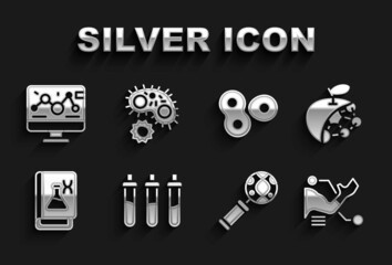 Set Reagent bottle, Biological structure, Prosthesis hand, DNA research, search, Genetic engineering book, Cell division, modification and Virus icon. Vector
