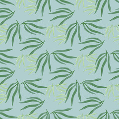 Modern tropical leaves semless pattern. Tropic leaf on blue background.