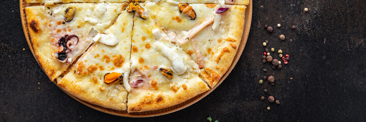 seafood pizza white sauce Takeaway mussel, squid, octopus, shrimp cheese fast food fresh meal snack on the table copy space food background rustic 
