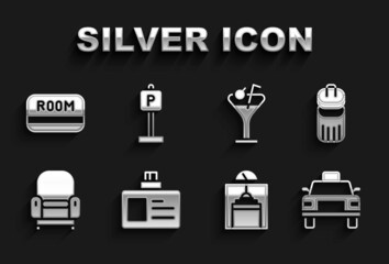 Set Identification badge, Trash can, Taxi car, Lift, Armchair, Martini glass, Hotel key card and Parking icon. Vector