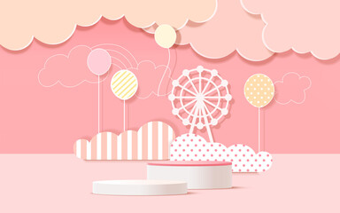 3d product podium, pastel color background, clouds, weather with empty space for kids or baby product.