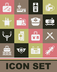 Set Rocket, Marshalling wands, Fuel tanker truck, Mobile with ticket, Suitcase, Trolley for food, and Pilot hat icon. Vector