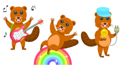 Set Abstract Collection Flat Cartoon 
Different Animal Beavers Plays The Electric Guitar, Electrician Holding A Light Bulb, Rides A Rainbow Vector Design Style Elements Fauna Wildlife