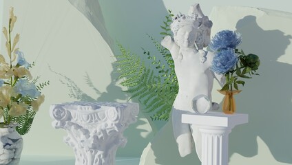 Sample of products on a Gruiego-style background. Blurred background. 3d rendering.
