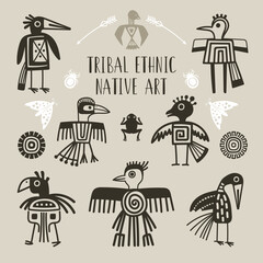 Tribal ethnic birds. Indigenous native engraved bird set, eagle raven tukan phoenix parrot, maori polynesian design wings tattoo occult animals vectors © ssstocker